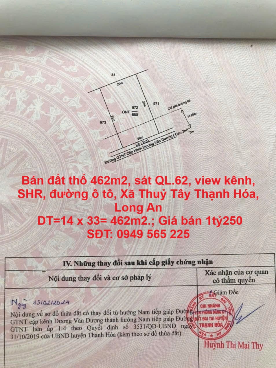 Bán đất thổ 462m2, sát QL.62, view kênh, SHR, đường ô tô, Xã Thuỷ Tây Thạnh Hóa, Long An - Ảnh chính